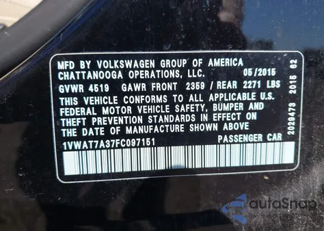 2015 Volkswagen Passat 1.8T Limited Edition из США, поврежденный, VIN 1VWAT7A37FC097151